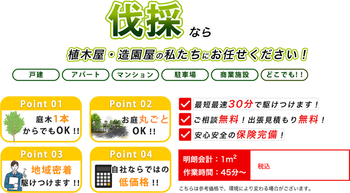 伐採なら植木屋・造園屋の株式会社長谷山農林にお任せください！　最短最速30分で駆けつけます！　ご相談無料！出張見積もり無料！　安心安全の保険完備！